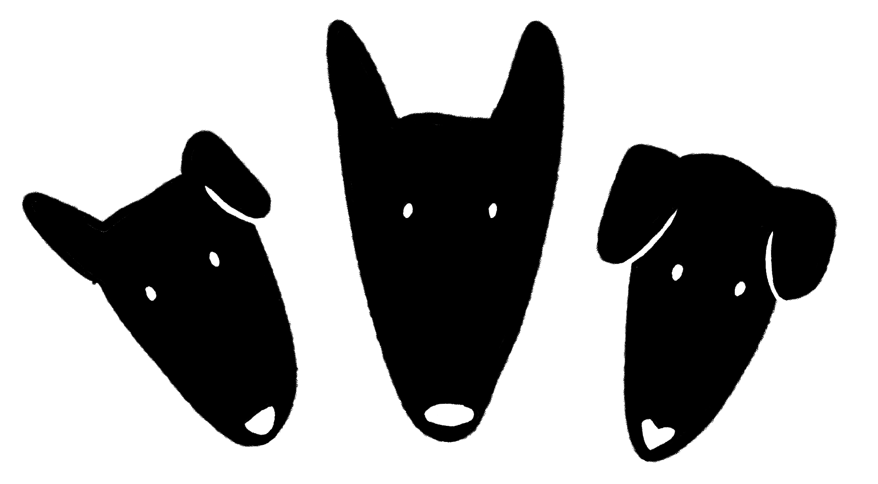 Three black dog face illustrations on a white background